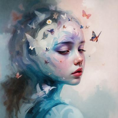 The primary subject of the image is a young girl with a blue dress, surrounded by a multitude of butterflies. The setting is a cloudy sky, and the visual style is a painting or drawing. The colors and mood of the image are predominantly blue and serene, with the butterflies adding a touch of whimsy and life to the scene.
